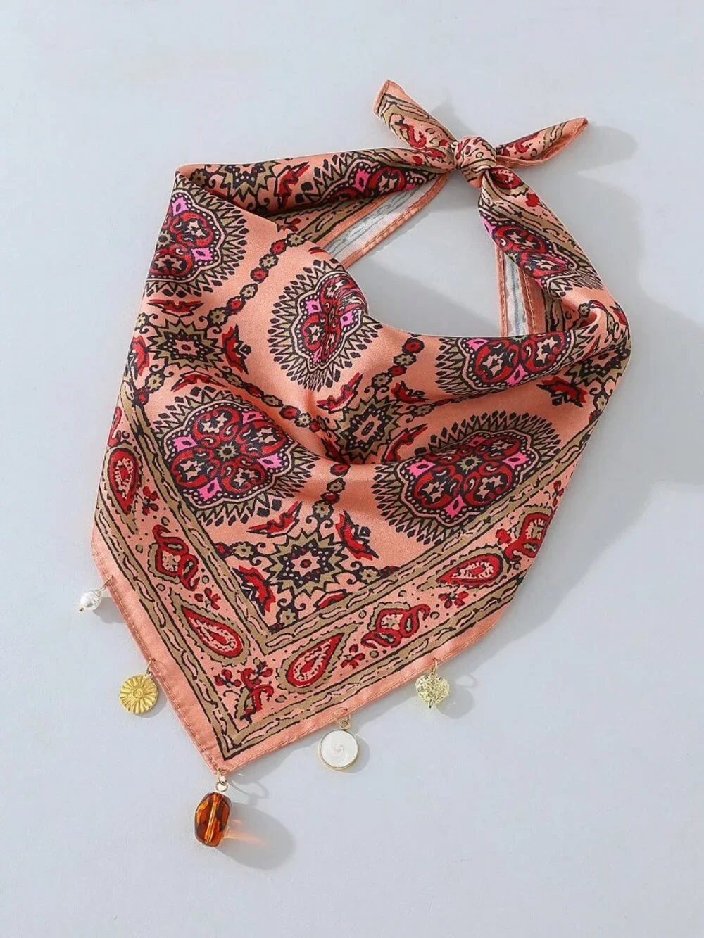 ✨ Peach Paisley Charm Bandana Head Scarf Pearl Heart Sun Boho Western